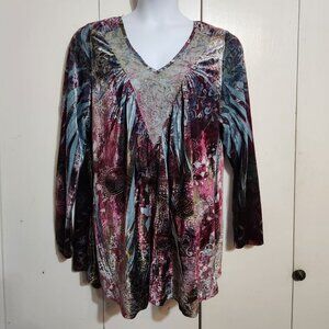 One World Velvet Tunic 2X Floral Paisley Fairy Lace Inset V-Neck Long Sleeve
